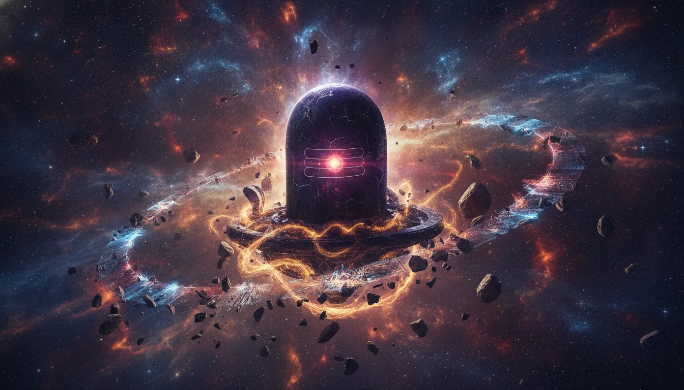 Artistic images of lord shivling in anger reflecting cosmic shockwaves and planetary debris.
