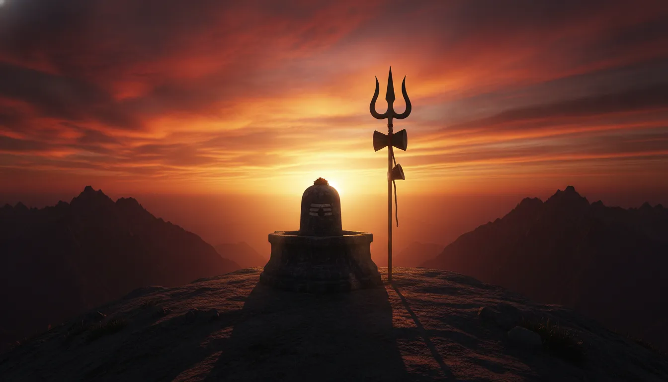 A dramatic silhouette of a stone Shivling and a brass Trishul with a Damru against a vibrant orange and purple sunset sky