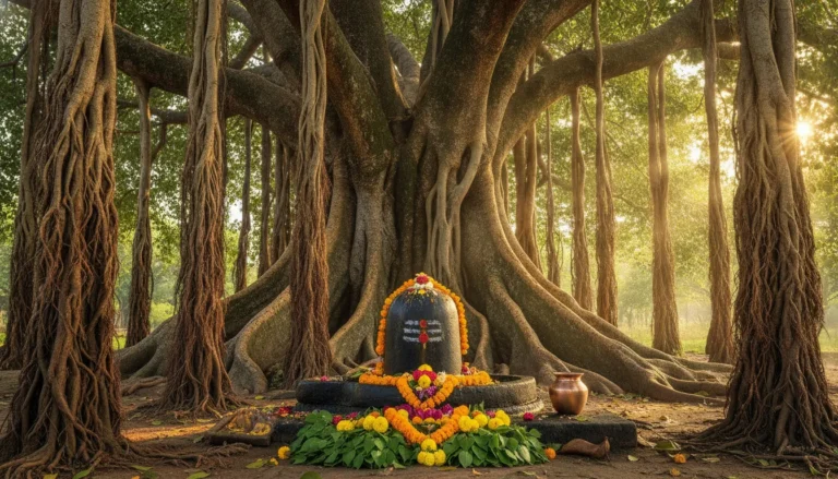 A small, ancient Shivling sits beneath a sprawling, ancient Banyan tree, adorned with offerings of flowers and leaves.