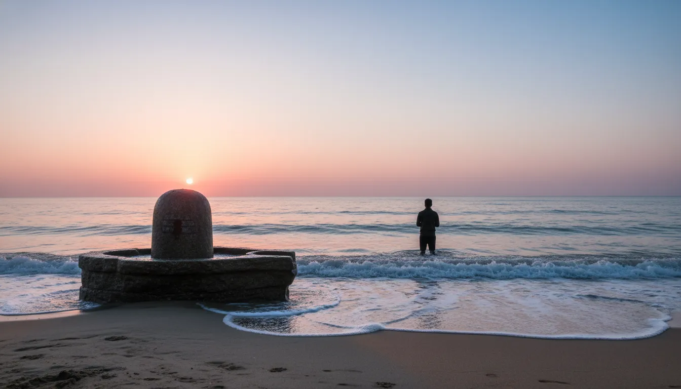 A minimalist image of shivling in water with a person walking peacefully on a serene beach.