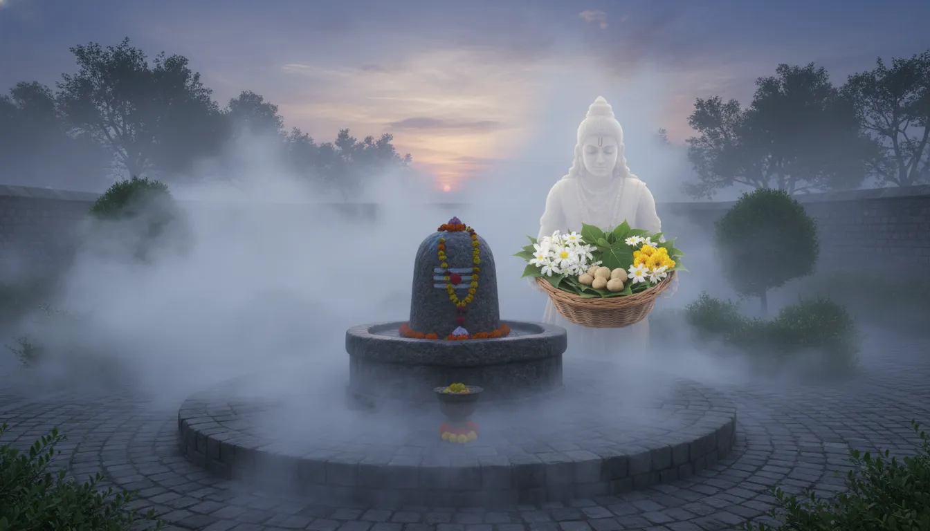 Full HD images of shivling with kartikaye during a foggy early morning prayer inside a traditional ashram garden.