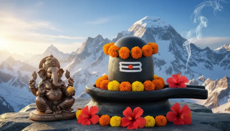 Full hd images of shivling with ganesha in front of snow covered Himalayan mountain background.