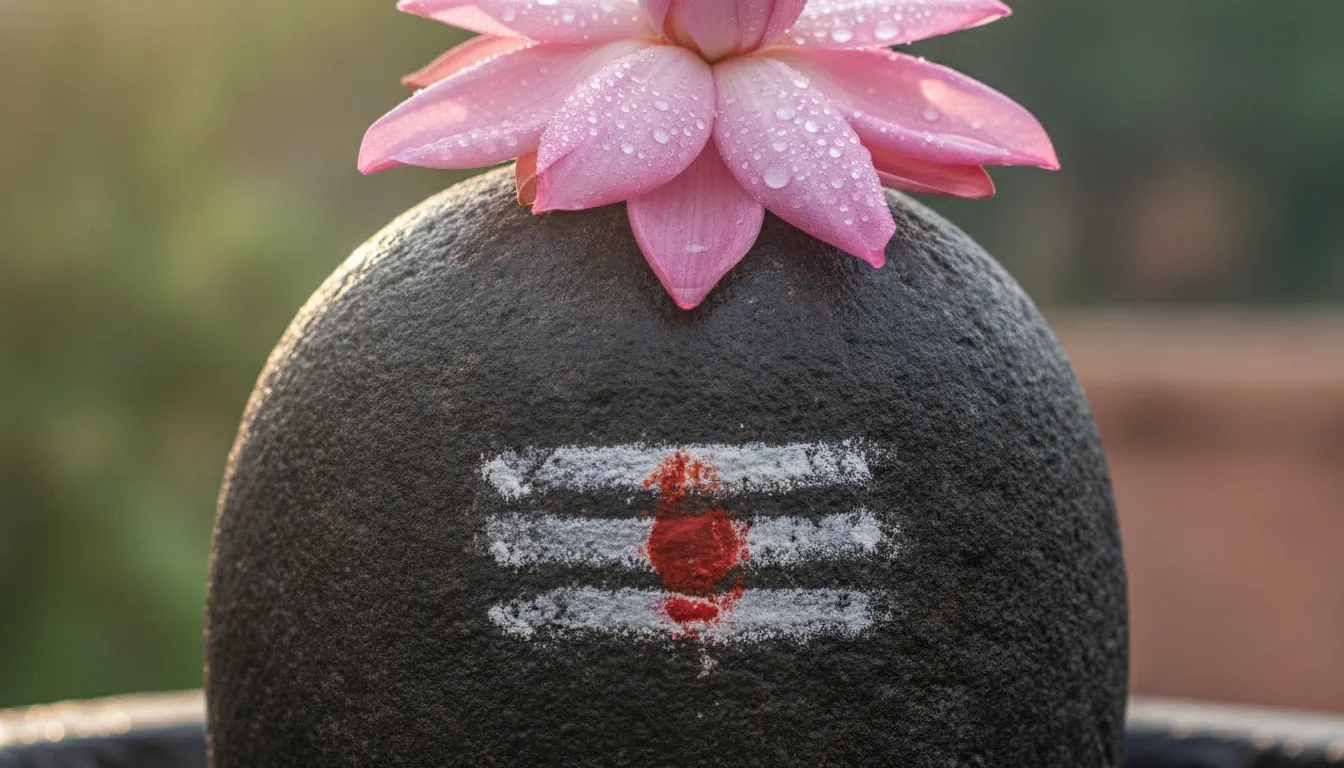 Close-up photography of a sacred Shivling with a pink lotus flower and holy water drop.