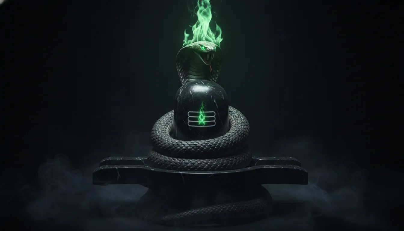 Dramatic images of lord shivling in anger featuring an aggressive guardian snake with glowing eyes.