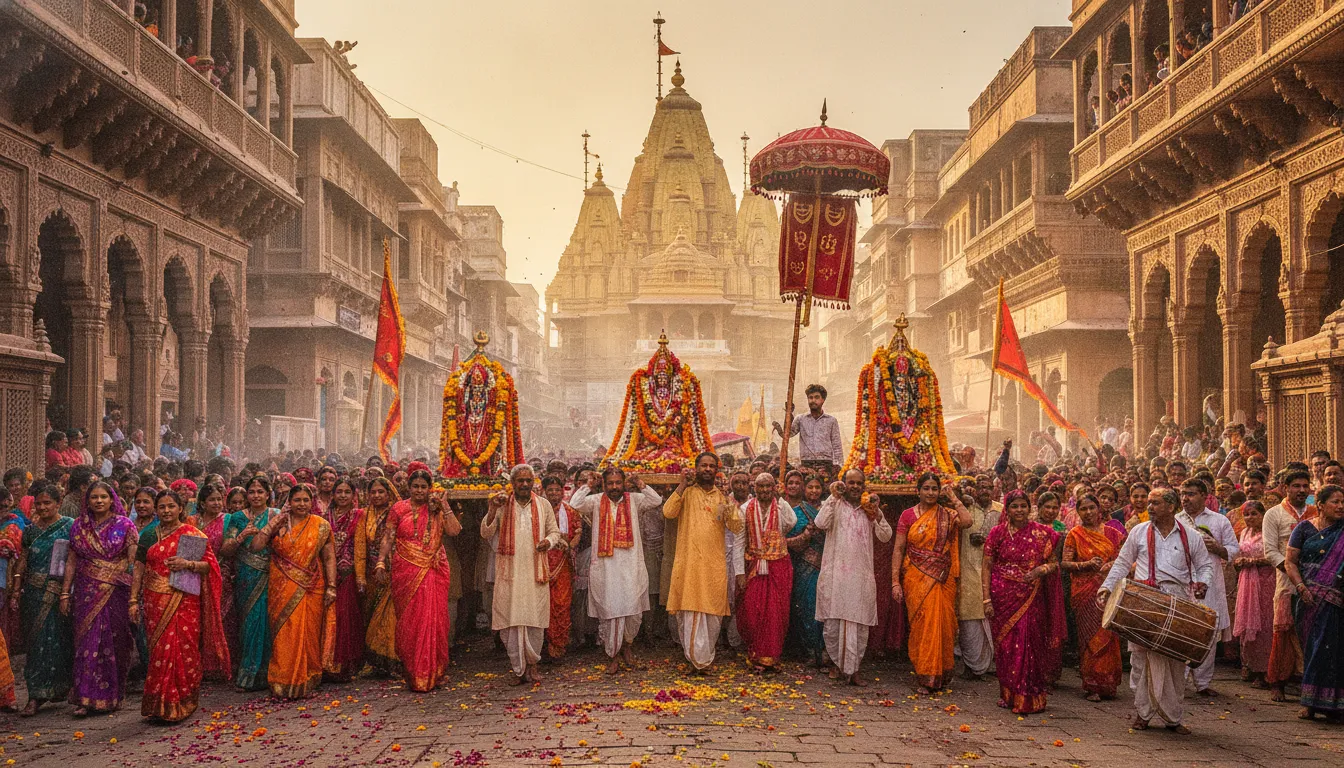 Devotees carrying a decorated Kashi Vishwanath Shivling during a colorful procession.