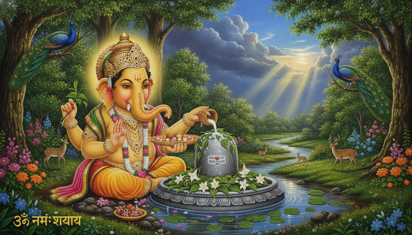 Lord Ganesh decorating a Shivling with milk, flowers, and leaves during Shravan.