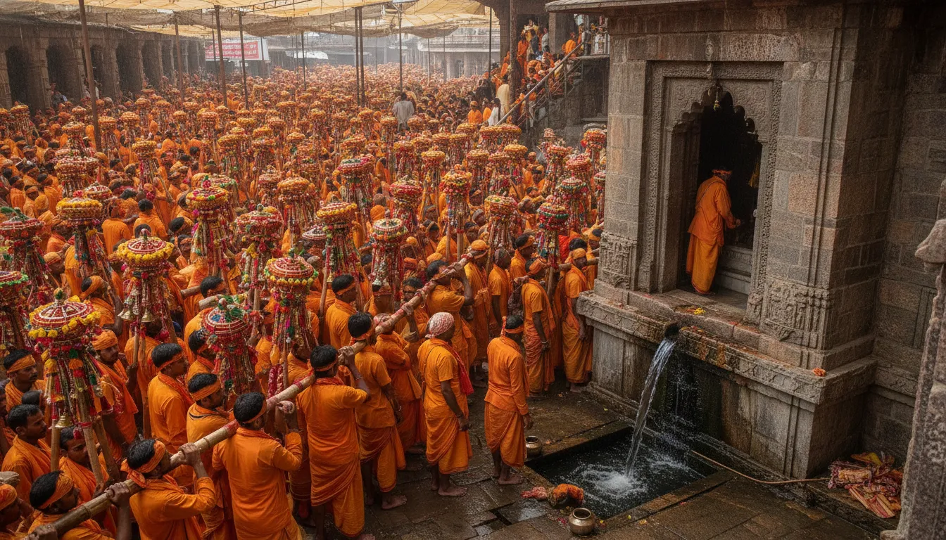 Kanwar Yatra devotees offering holy water to Gola Gokarn Nath Shivling in Shravan month