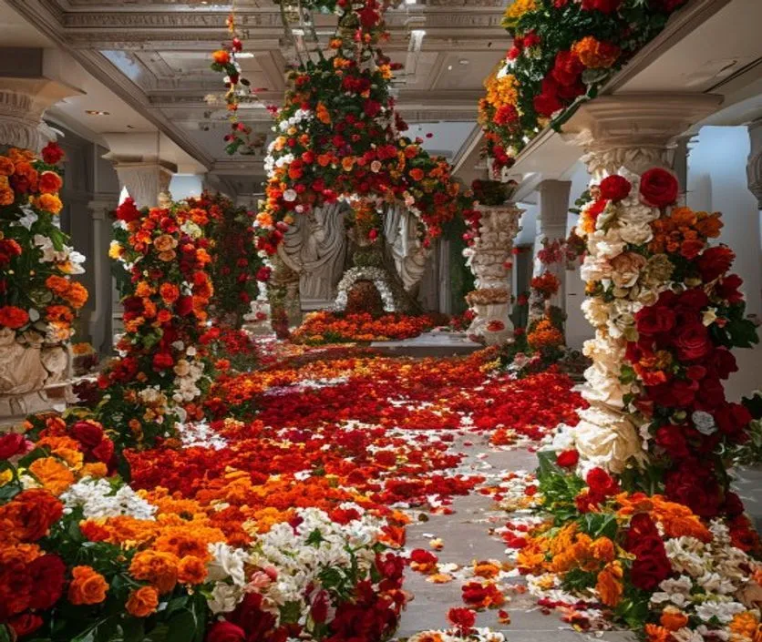 Vibrant festival image of Somnath shivling covered entirely in marigolds, roses, and green leaves.