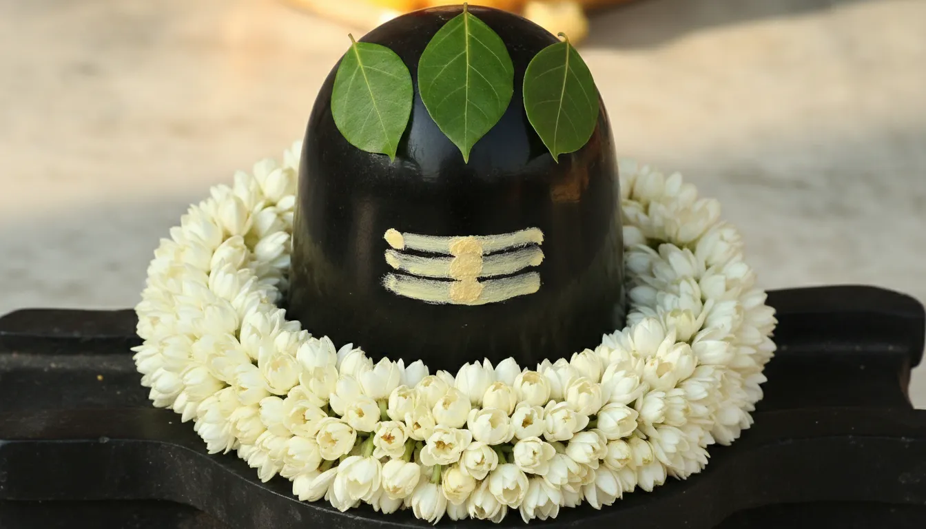 A traditional morning shivling image beautifully decorated with white jasmine garlands and fresh bael leaves.