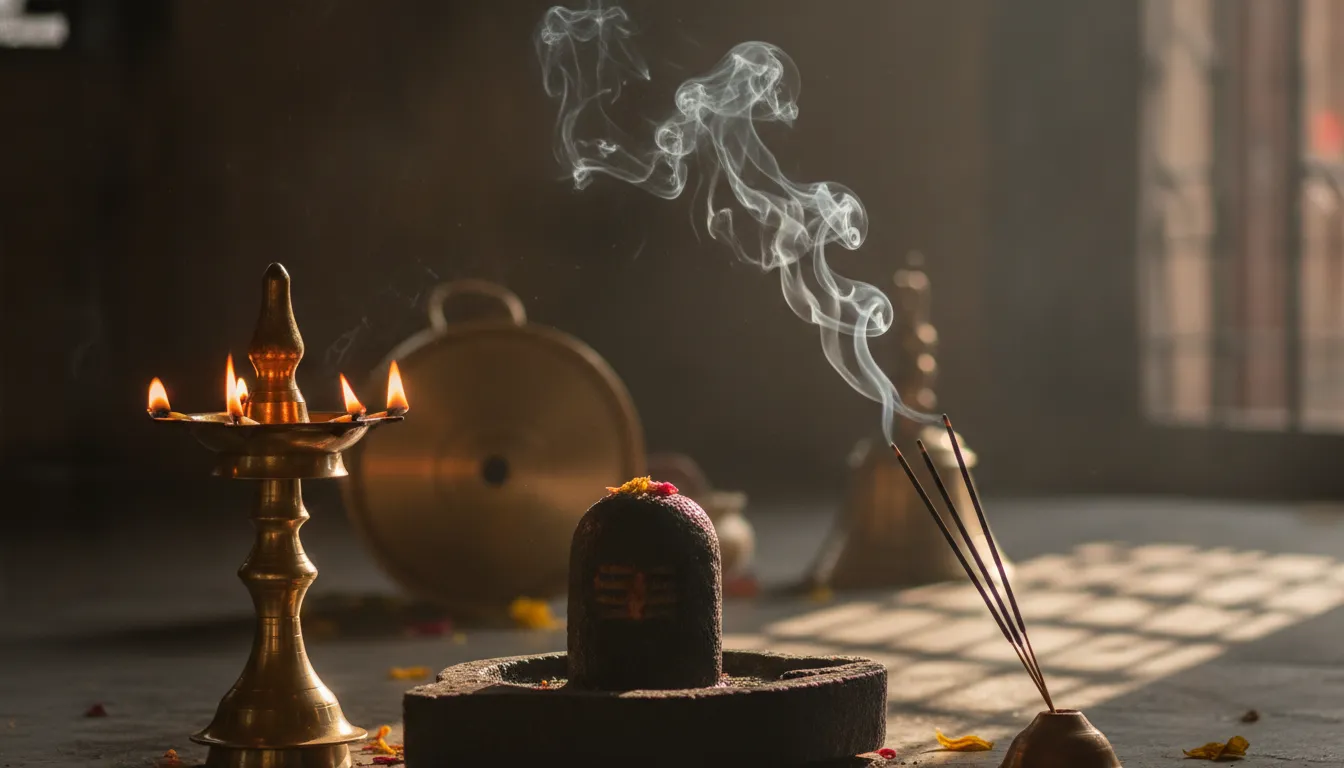 A beautiful morning scene of a shivling illuminated by a brass oil lamp with incense smoke.