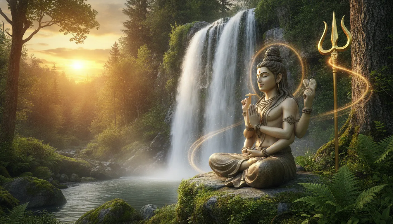 Side view of a divine figure meditating on a rock near a waterfall with a sunset background.