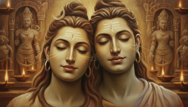 Close up view of a divine couple meditating with serene expressions inside a warm golden ancient temple