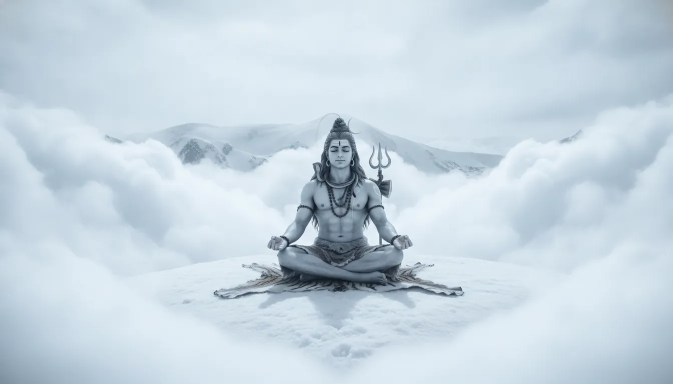 Lord Shiva sitting in meditation on the icy slopes of Mount Kailash surrounded by thick white clouds.