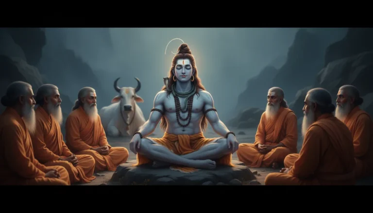 Close-up artwork of Lord Shiva teaching the sages through sacred silence and the hand gesture of wisdom.