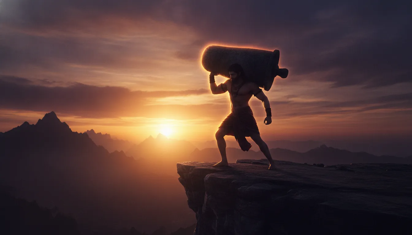 Bahubali lifting shivling hd images silhouette against a vibrant orange sunrise sky