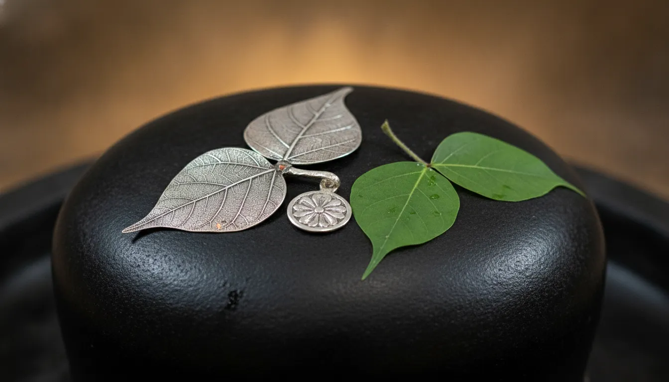 Detailed HD view of silver leaves and traditional offerings resting on the Kashi Vishwanath Shivling.