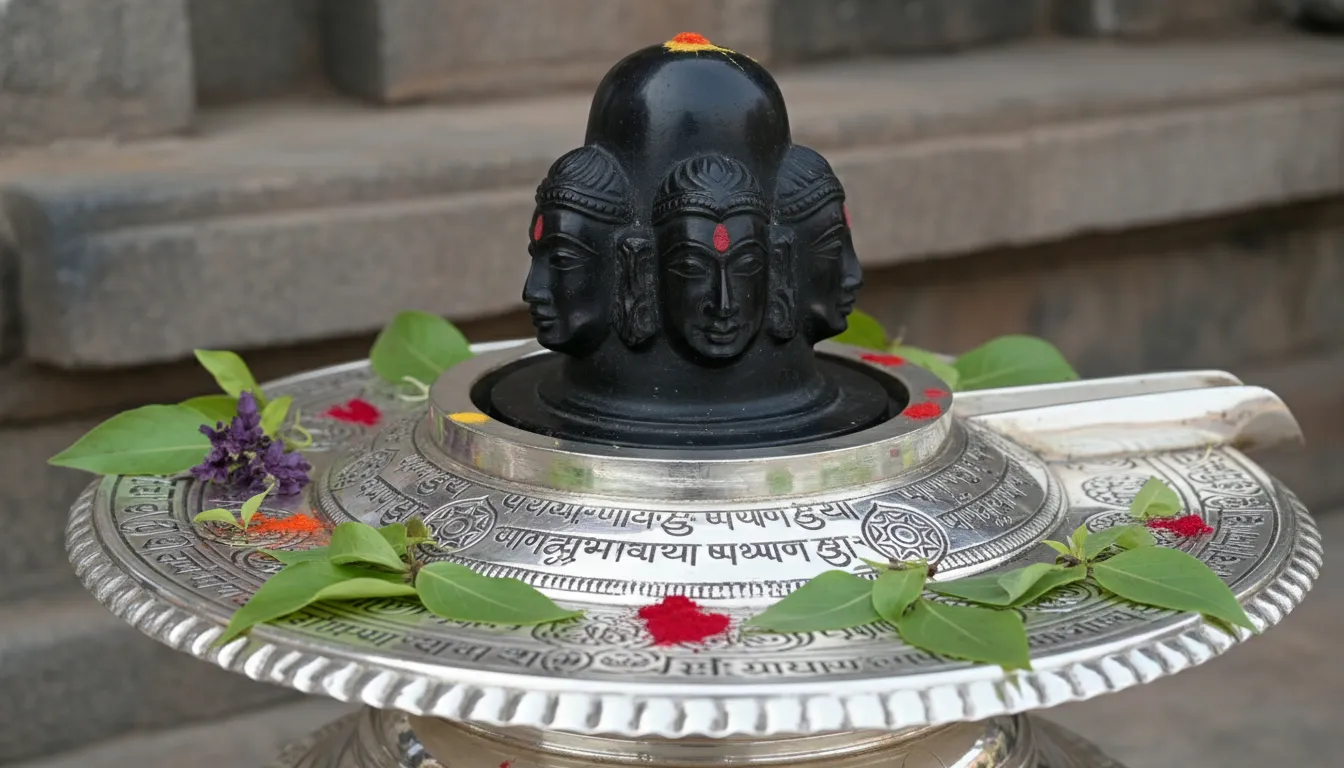 A detailed close-up image showing the elaborate silver-plated Yoni base that holds the central four-faced Shivling.