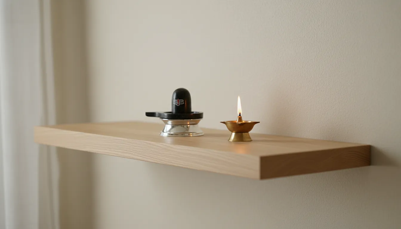 Minimalist floating wooden shelf mandir design with a simple Shivling for home.