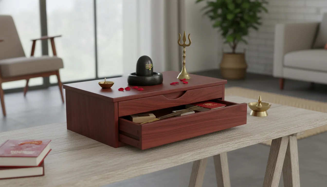 Small wooden mandir with storage drawers featuring a compact Shivling setup.