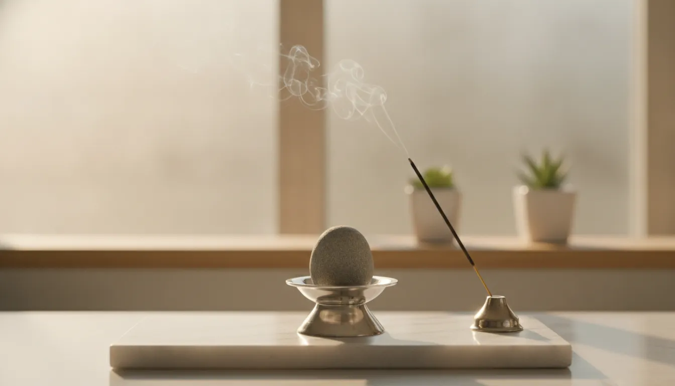 A minimalist home puja room setup showing a small Narmadeshwar stone image of shivling hd.