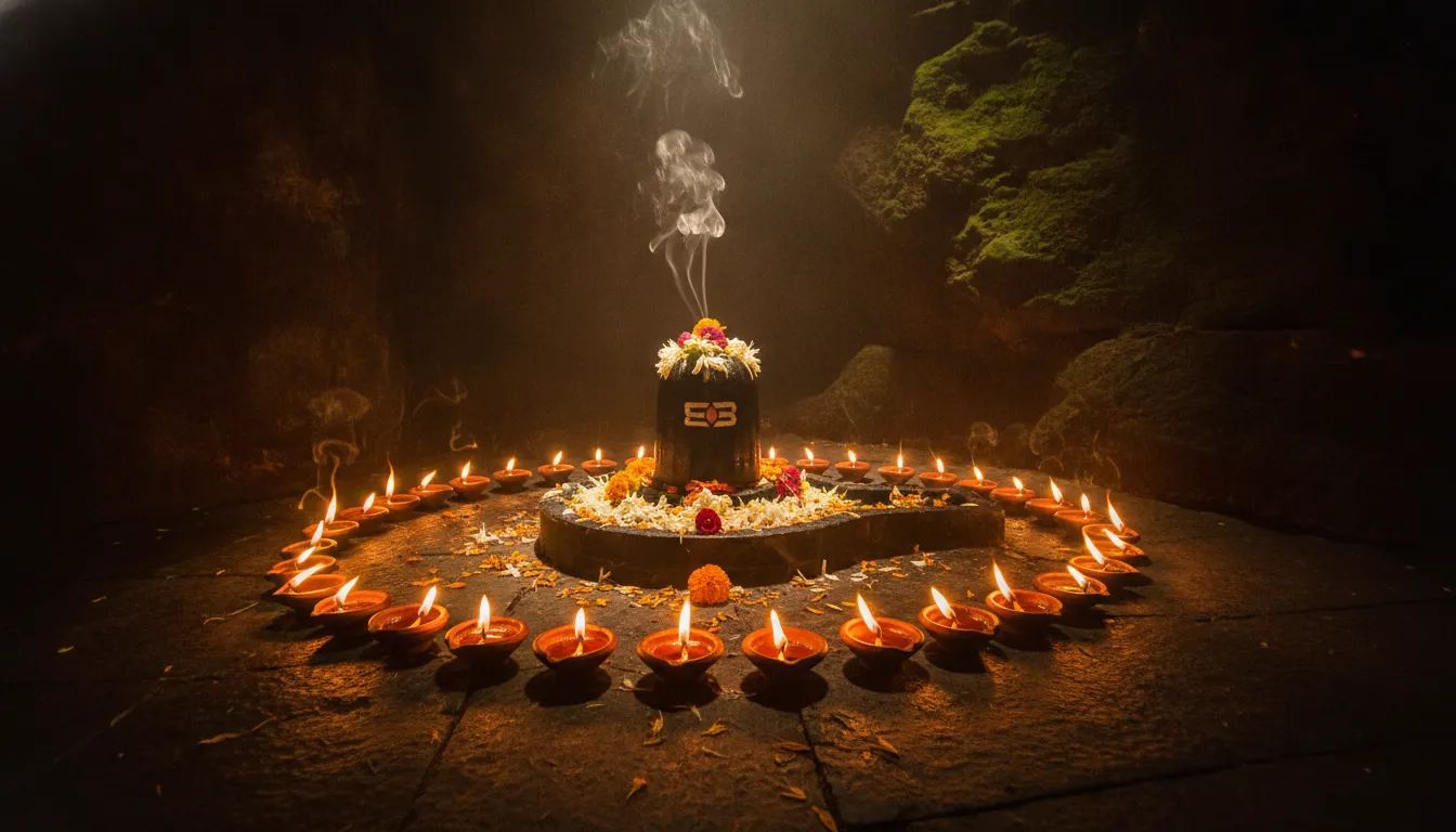 Multiple flickering clay lamps lighting a Shiva Lingam with swirling incense smoke in a cave.