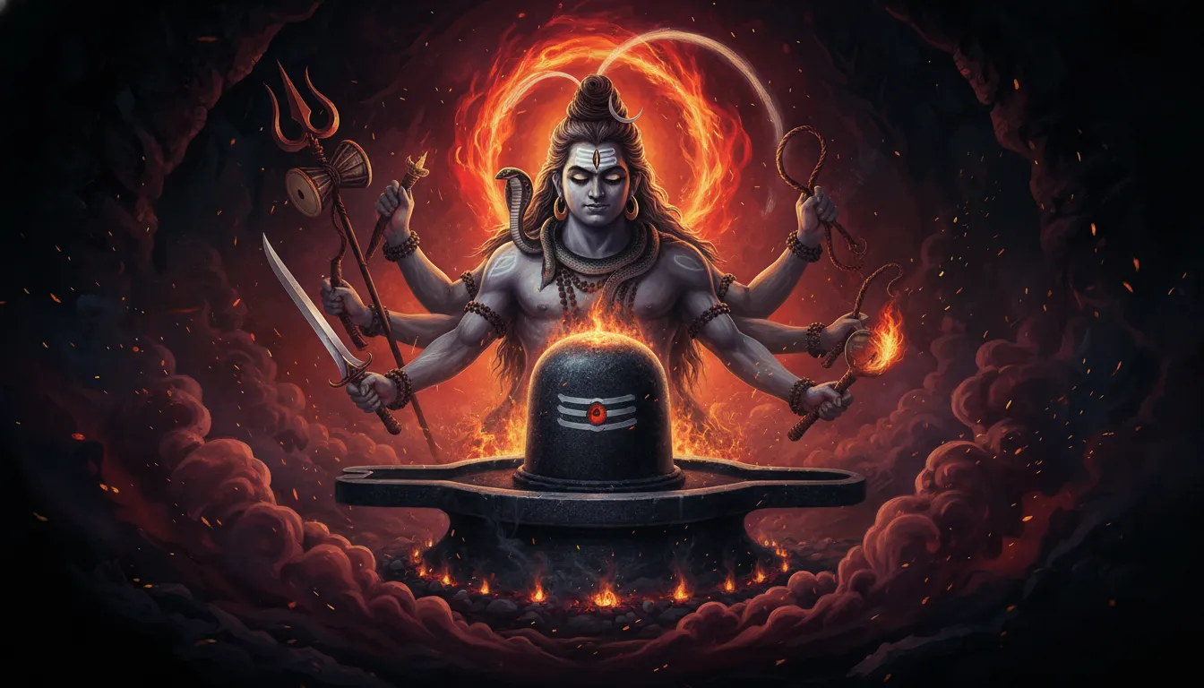 Powerful smoke and fire image of lord shiva in shivling art representing transformation.