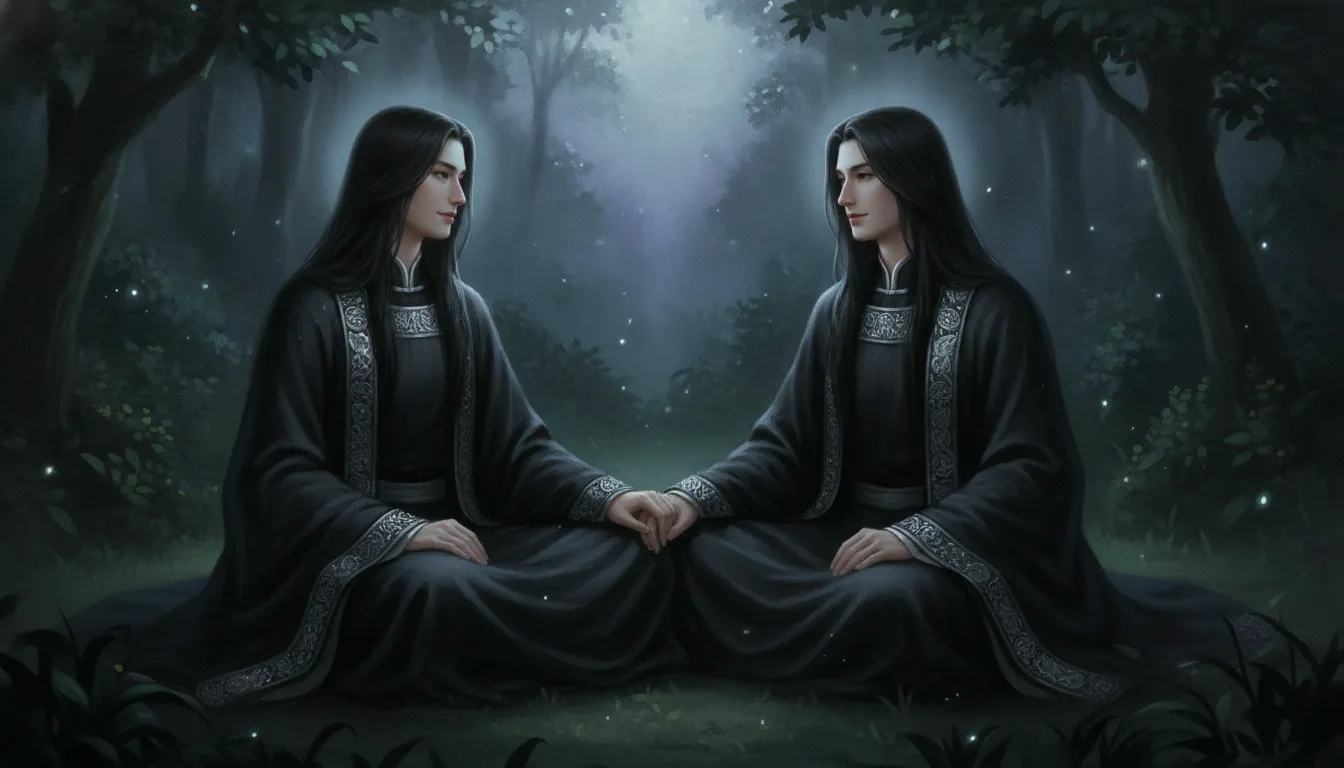Fantasy illustration of a divine couple in serene black attire sitting under moonlight.