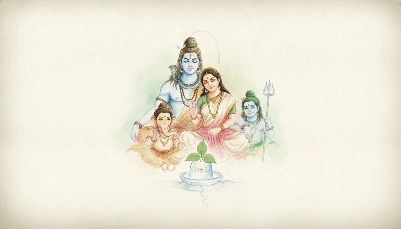 Watercolor painting style Shiv Parivar images with shivling in pastel colors for a peaceful aesthetic