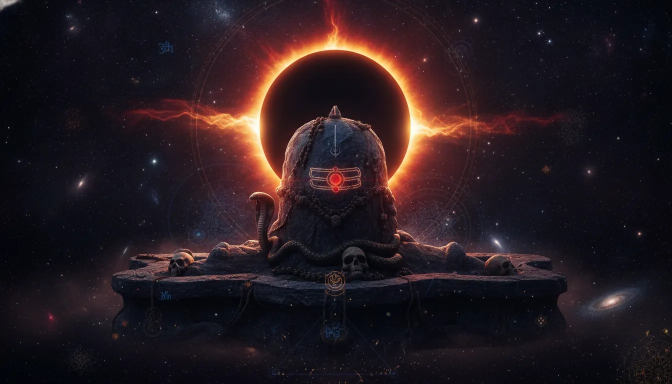 Mahakal Shivling positioned against a dark solar eclipse in a cosmic hungry state.