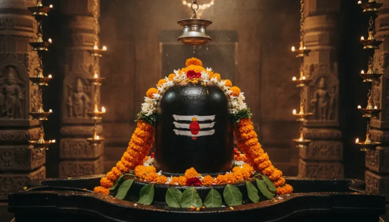Divine image of Somnath Jyotirlinga shivling beautifully decorated with fresh flowers, golden ornaments, and traditional tripundra tilak inside the sanctum sanctorum of Somnath Temple in Gujarat.