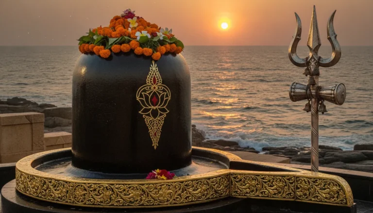 Somnath Jyotirlinga shivling images in hd with ocean background and golden ornaments