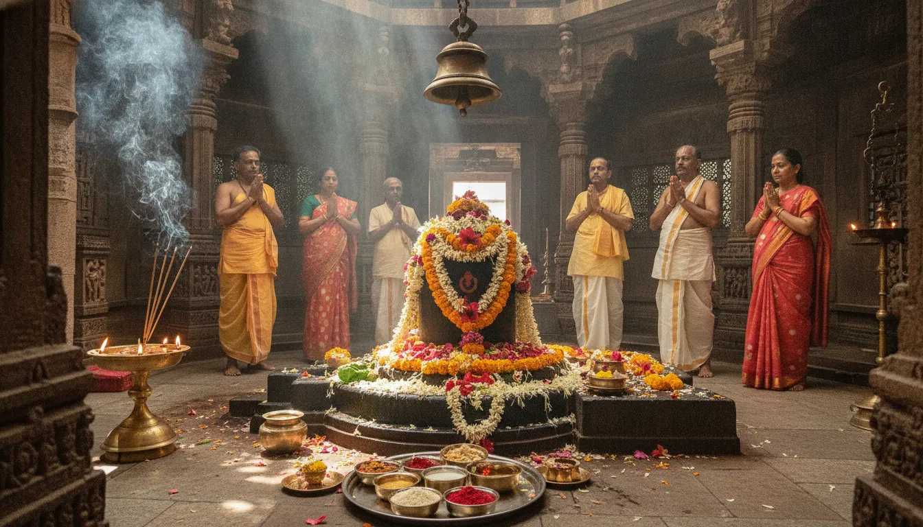 Devotees making offerings of flowers and water to the venerated Somnath Shivling.