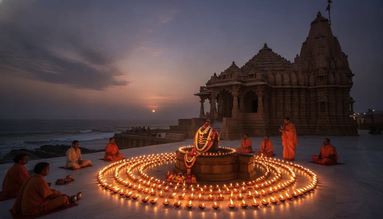 The Somnath Shivling radiating spiritual light as diyas illuminate the temple sanctum during evening prayers.