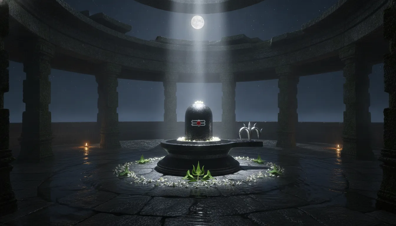 High-resolution image of Somnath shivling under direct silvery moonlight referencing the Moon God's curse removal.