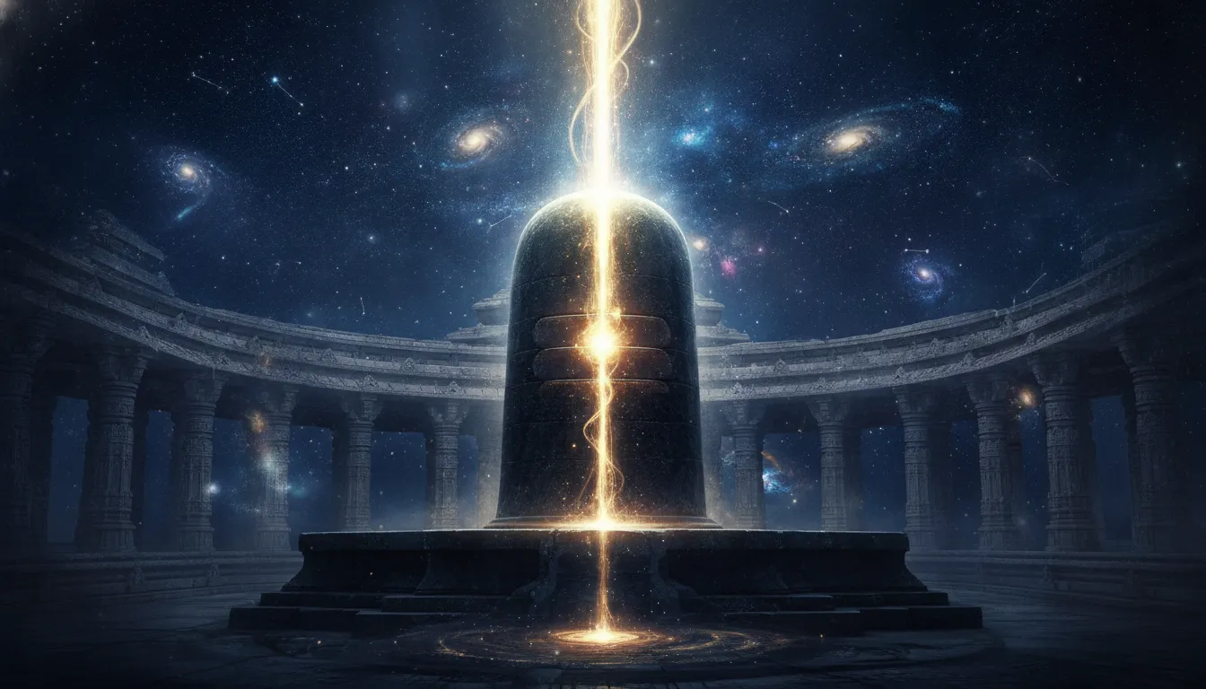 Cosmic artistic representation of an image of somnath shivling manifesting as an infinite pillar of divine light.