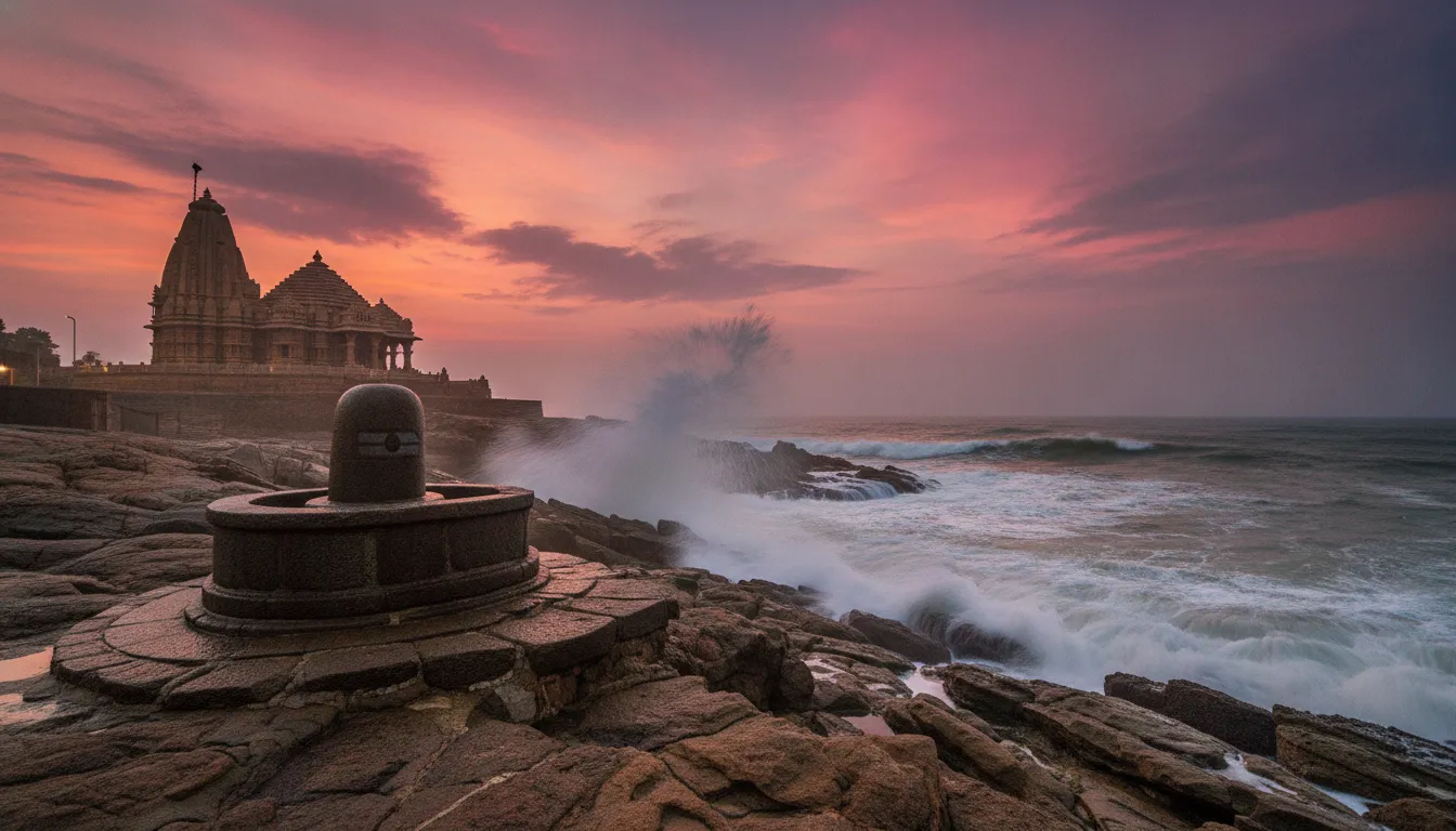 An artistic outdoor image of Somnath shivling placed on the shoreline with waves crashing from the Arabian Sea.
