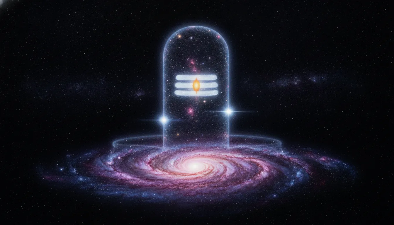 A giant cosmic shiv shivling image appearing in the deep space night sky full of galaxies.