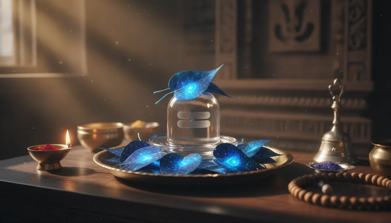 Sphatik shivling images with bili patra in blue colour during a morning Hindu ritual.