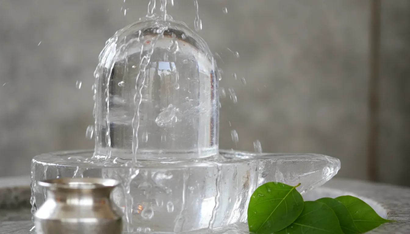 Water droplets pouring over transparent sphatik crystal shivling structure