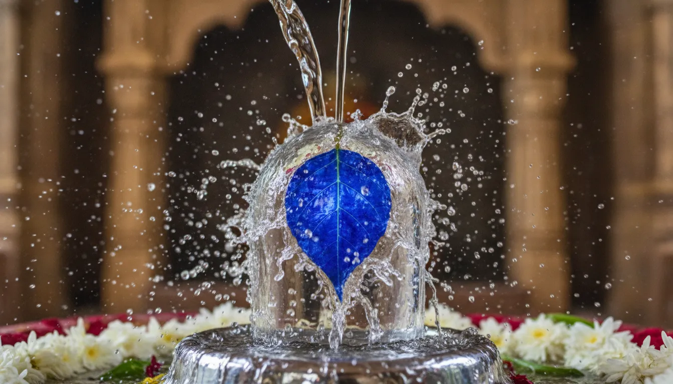Sphatik shivling images with bili patra in blue colour during a water offering ritual.