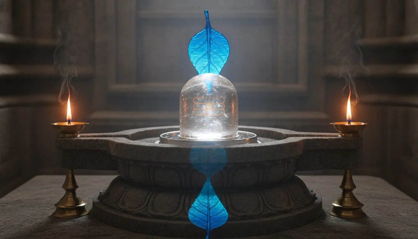 Sphatik shivling images with bili patra in blue colour placed inside a traditional temple garbha griha.