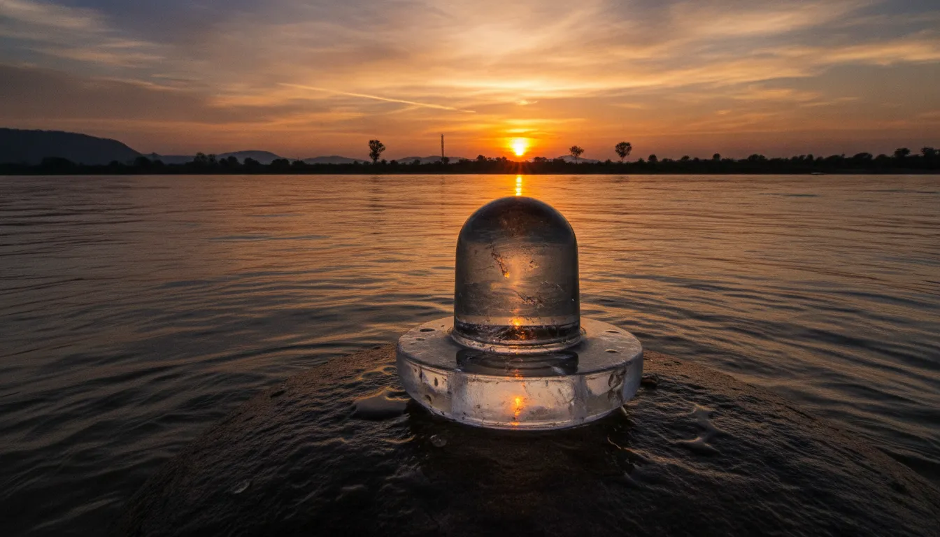 A transparent sphatik glass image of shivling hd reflecting the golden light of sunset near a river.