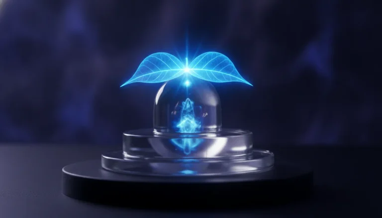 Sphatik shivling images with bili patra in blue colour showing a close up shot of a crystal shivling with a divine blue leaf.