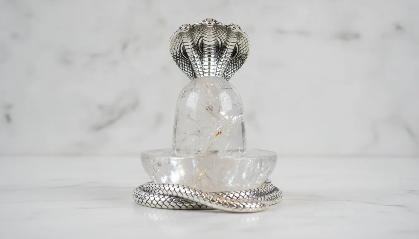 Pure silver snake hood wrapping around clear crystal sphatik shivling