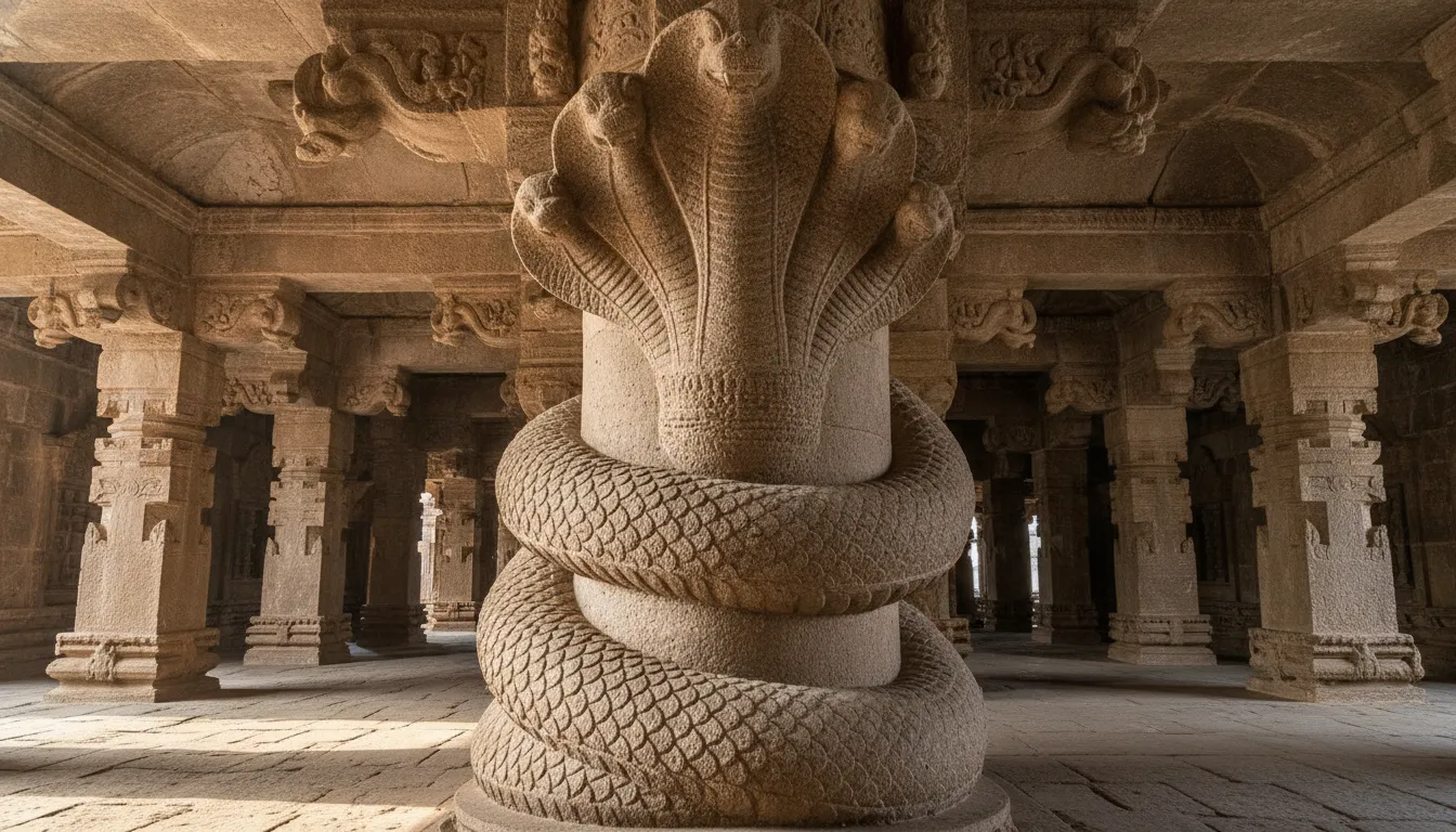 A smooth round temple pillar wrapped completely by a giant, detailed divine serpent with a flared hood at the capital.