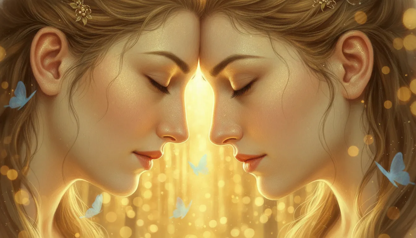 Close-up artwork of a blue-skinned deity and a woman resting foreheads together in a golden forest light.
