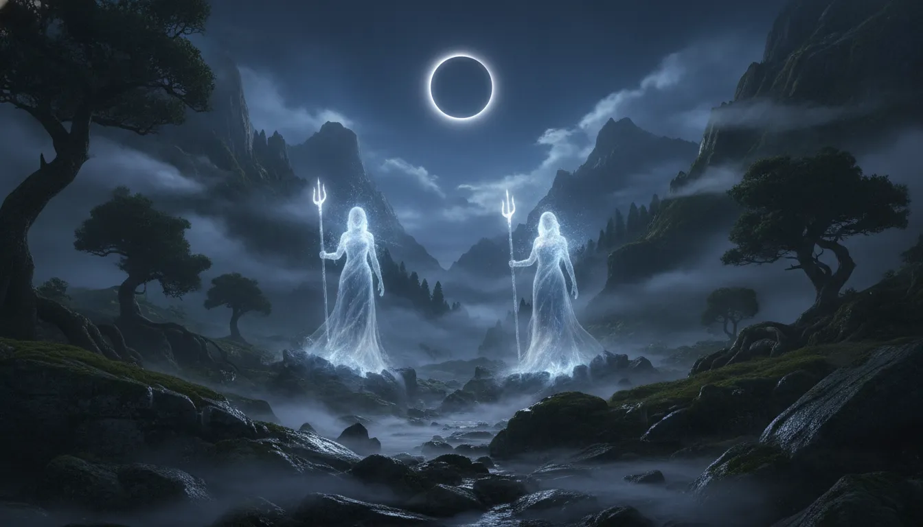 Two spiritual figures with glowing tridents standing in a misty mountain landscape during a ring eclipse.