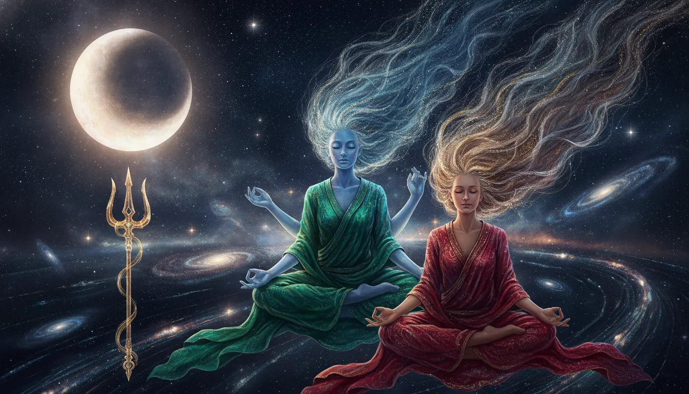 A blue divine figure guiding a woman during deep meditation in a dark, starry universe.