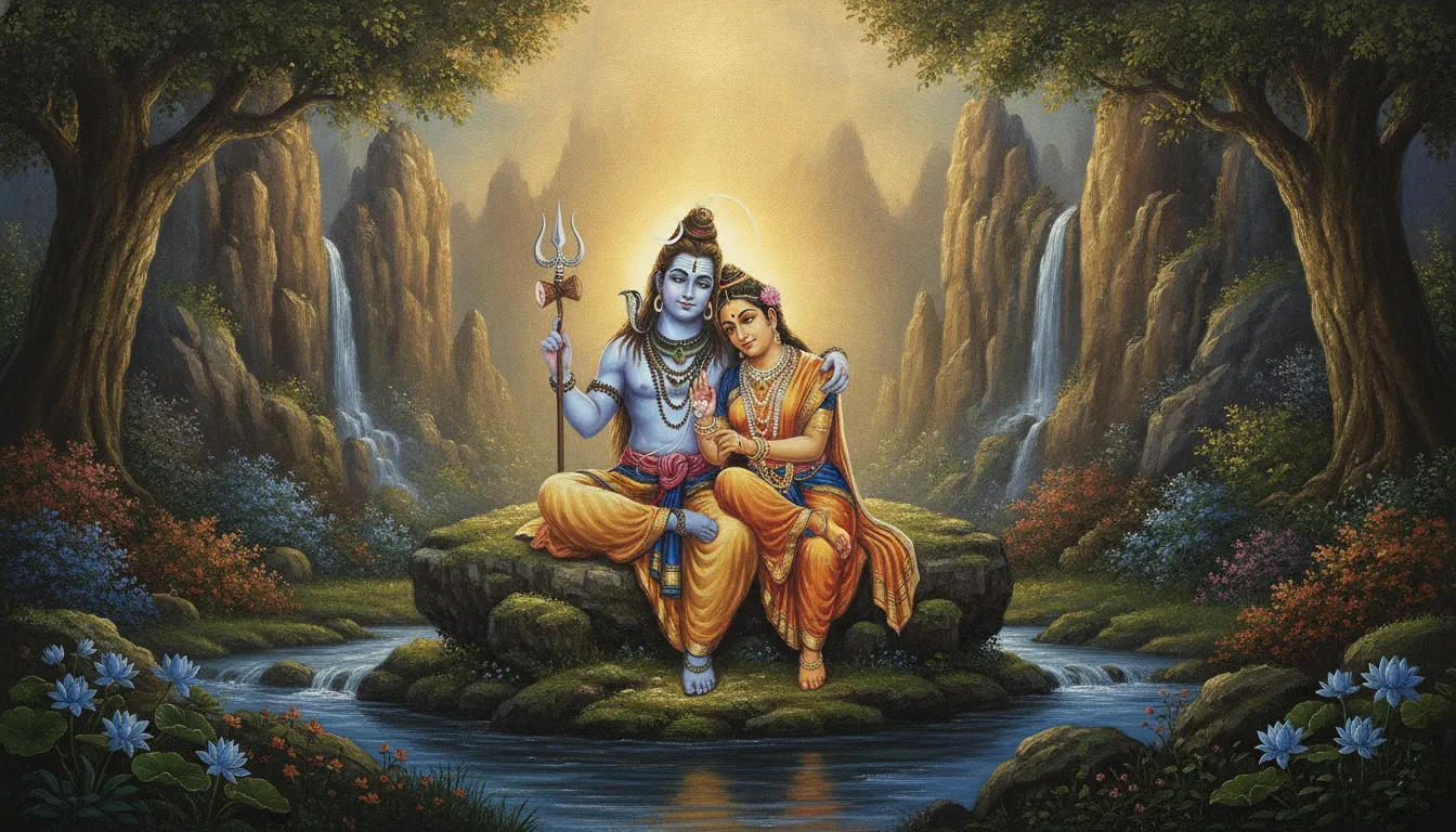 Traditional oil painting style of Shiva and Parvati surrounded by mountains and a golden halo