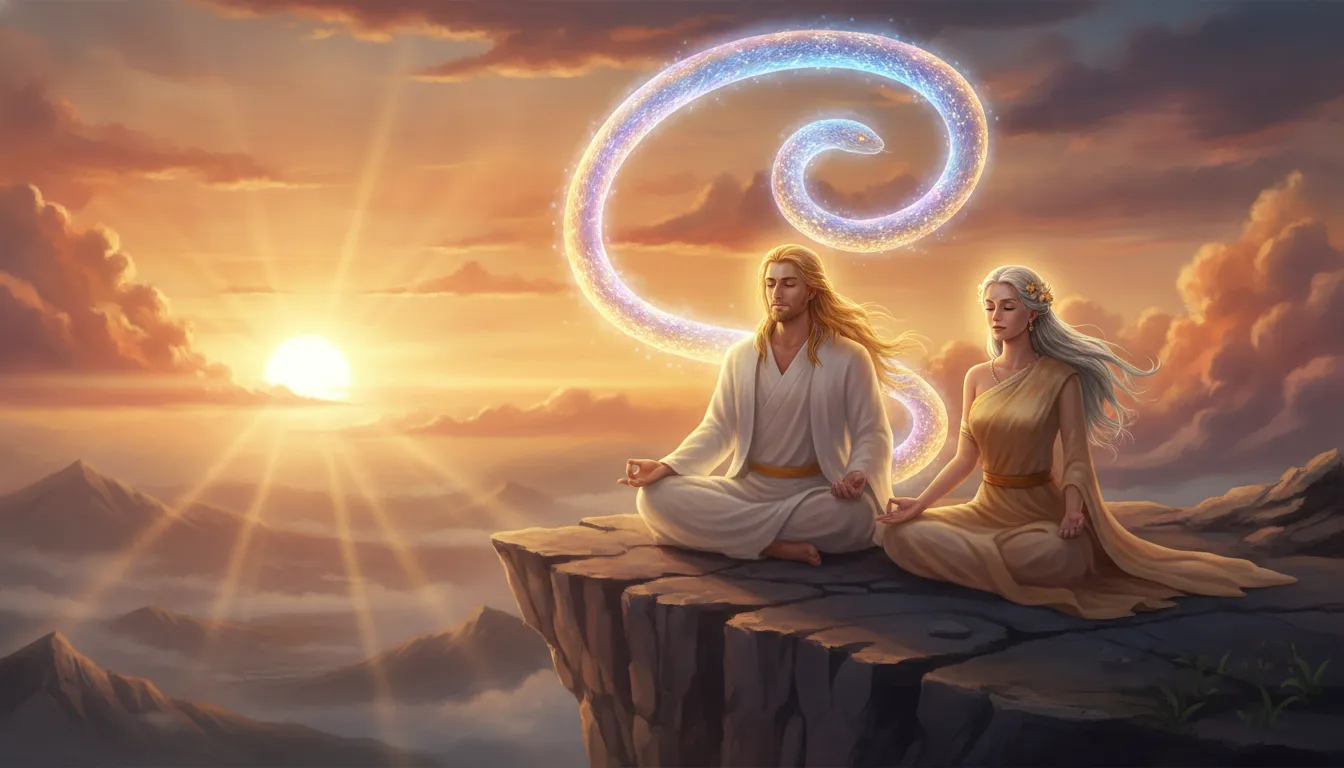 Divine couple meditating together with a glowing serpent aura during a bright sunset scene